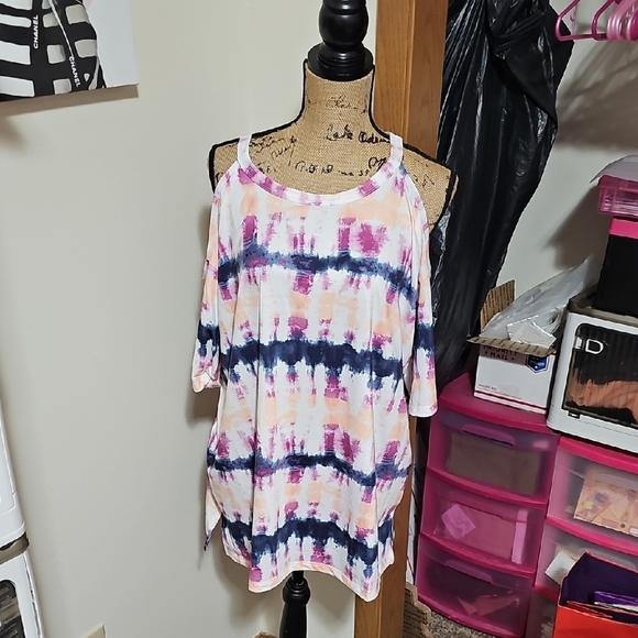 Live Well Tops - Vibrant Tie-Dye Cold Shoulder Blouse